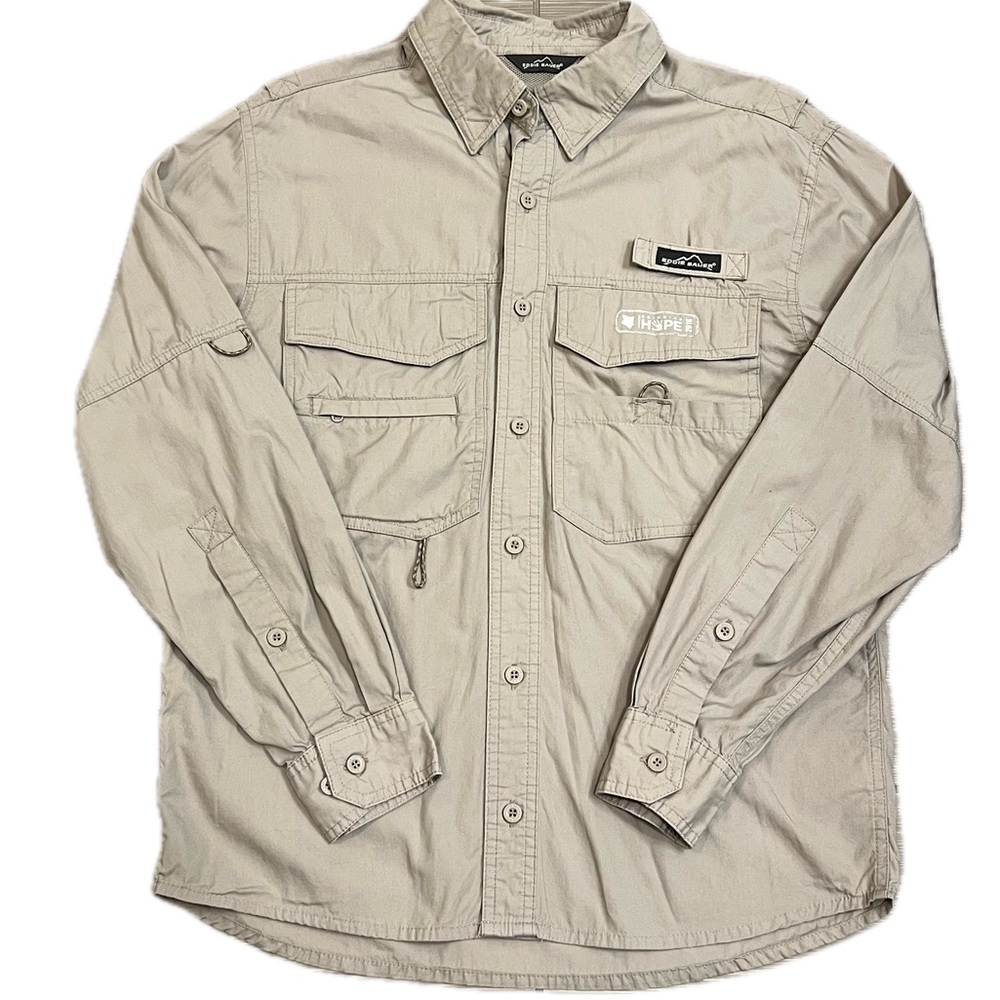 Eddie Bauer Khaki Tan Fishing Button down shirt outdoors Gorp gorpcore fisherman